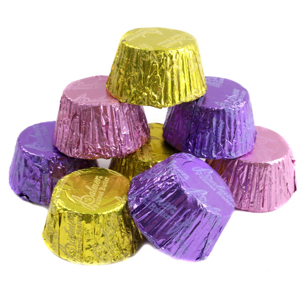 RM Palmer Easter Milk Chocolate Peanut Butter Cups, pastel yellow, purple, pink foils, approx 40 per pound.