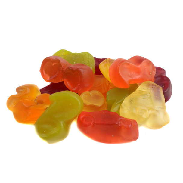 Rainbow Barbie gummies, assorted fruit flavors, 75 pieces, 'B', profile, roller skate shapes, bulk unwrapped.