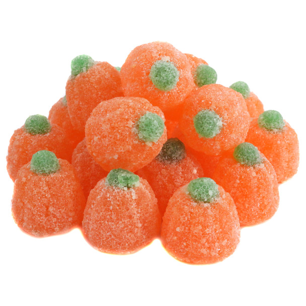 Orange sour pumpkin shaped jelly candy gumdrops, sugared for Halloween and fall, approx 65 pieces per pound.