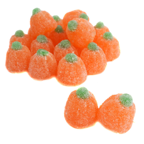 Orange jelly sour pumpkin gumdrops, tangy & sugared Halloween candy, approx 65 pieces per pound.