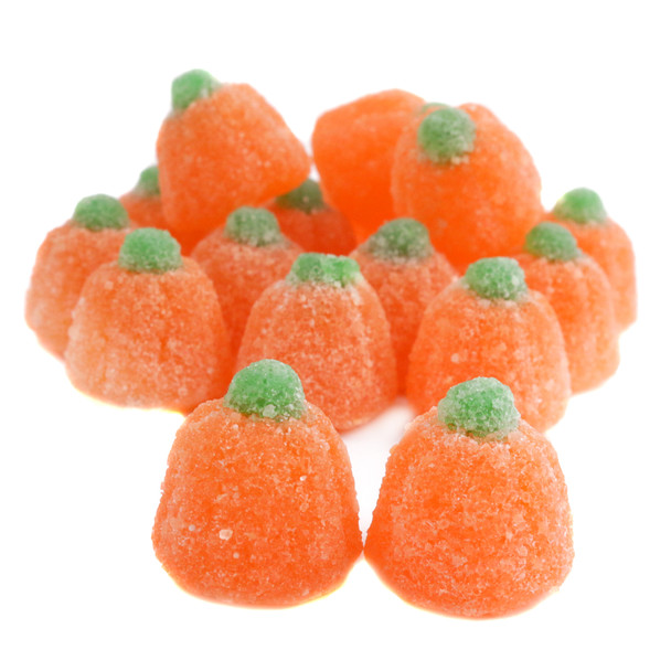 Vibrant orange sour pumpkin jelly gumdrop candies, sugared. Tangy Halloween treats, approx 65 per pound.