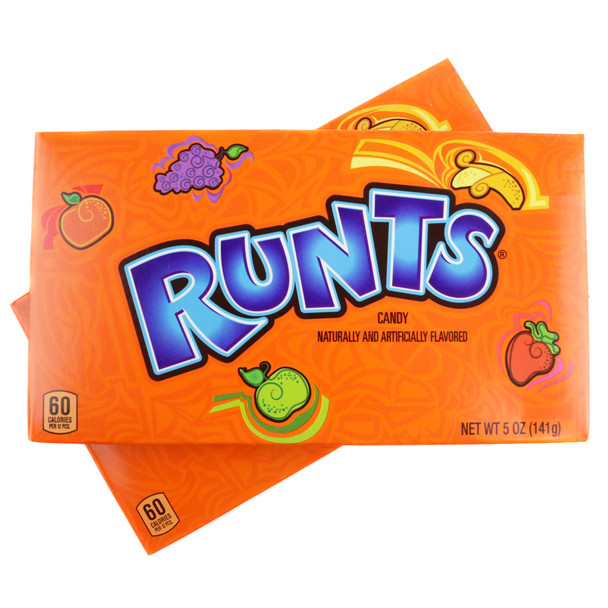 12-pack Runts Theater Boxes, 5oz each. Rainbow fruit-shaped pressed candy: banana, grape, orange, strawberry, green apple.