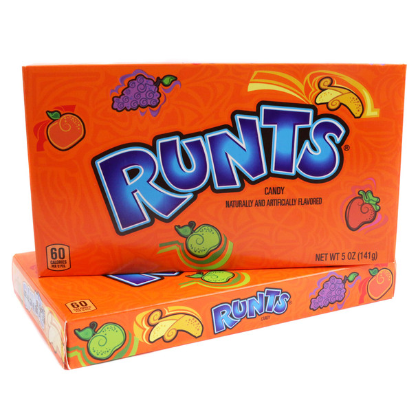 Runts Theater Box 12-pack, 5oz each. Crunchy, colorful fruit-shaped candies: banana, grape, orange, strawberry, green apple.