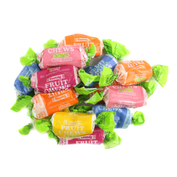 Individually wrapped Sour Tootsie Rolls Fruit Chews, approx 100 pieces, orange, lemon, cherry, watermelon, blue raspberry.