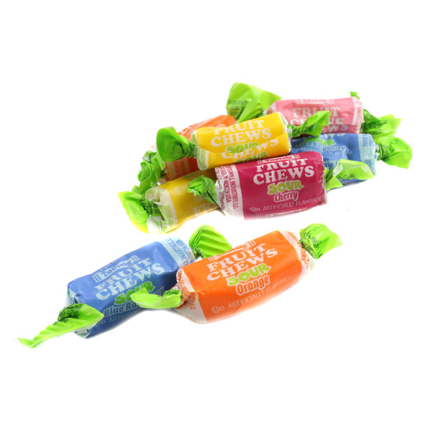 Sour Tootsie Rolls Fruit Chews, 1 lb, 100 individually wrapped chewy candies. Assorted orange, yellow, red, blue colors.