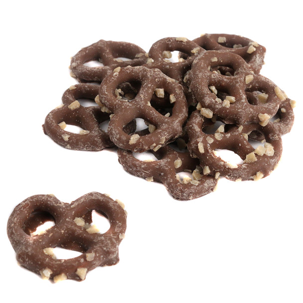 Mini milk chocolate covered pretzels topped with golden-brown toffee bits