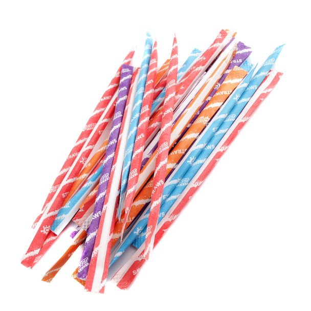 Rainbow powdered candy straws, ~200 per pound, tropical punch, cherry, grape, orange flavors.