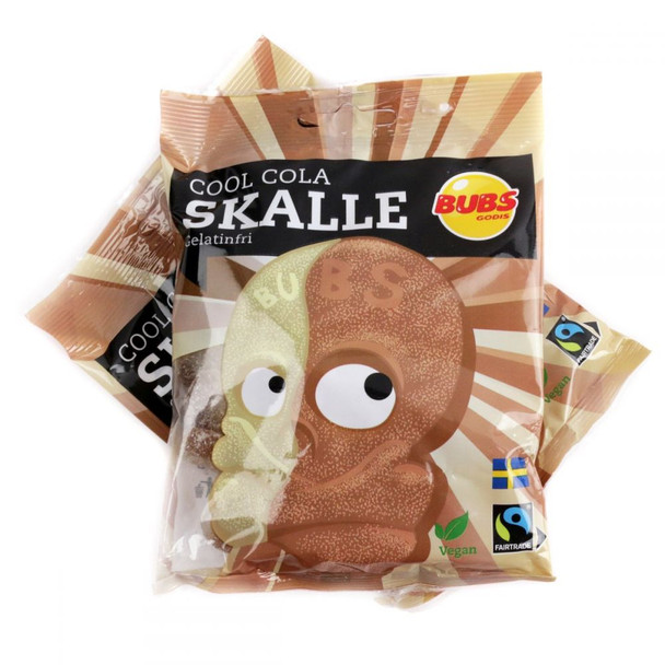 Bubs Cool Cola Skulls, 90g bag, approx 22 pieces. Brown Swedish gummy candy, sour cola flavor, unique skull shape, vegan.