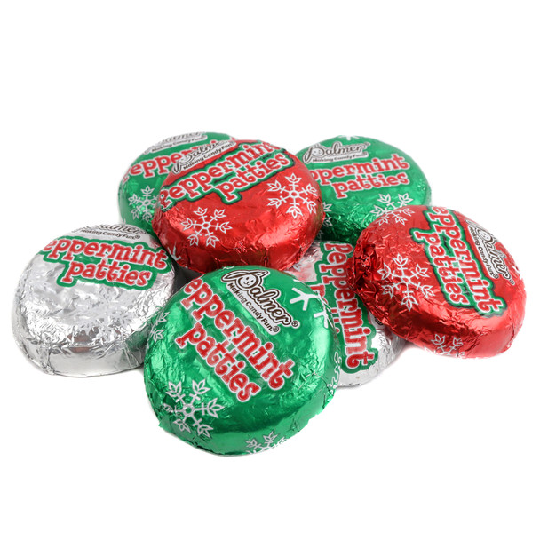 Palmer Christmas Peppermint Patties, individually wrapped, dark chocolate with white peppermint, red, green foil, 47 per pound.