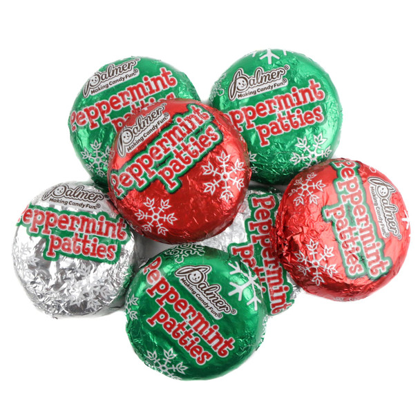 Palmer Christmas Peppermint Patties, individually wrapped in festive foil, rich chocolate & white peppermint, approx 47 per pound.