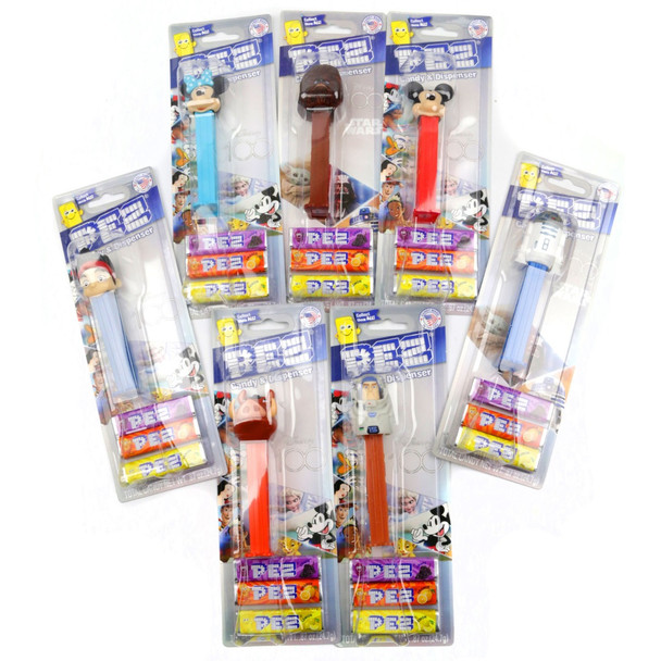 Colorful Pez Disney 100 Year 12 piece collection, assorted Disney, Star Wars character dispensers, 3 candy refills each.