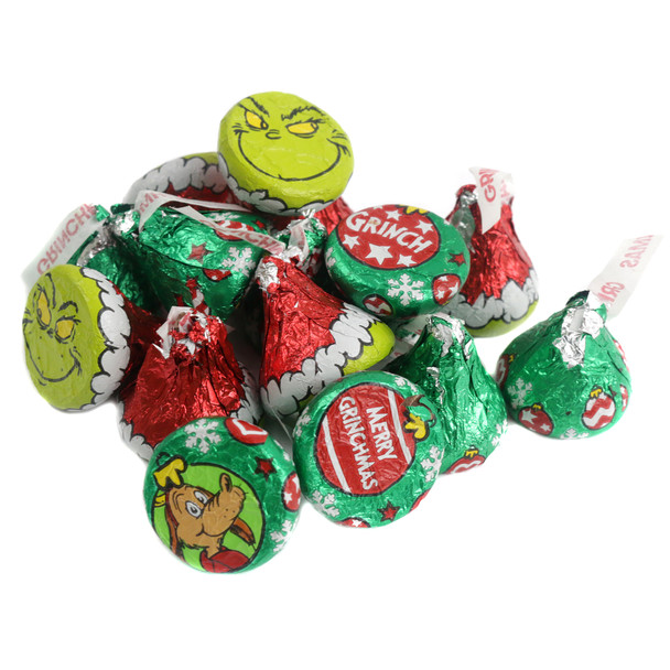 Grinch themed milk chocolate Hershey's Kisses for holiday stocking stuffers.