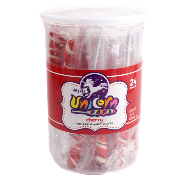 24 individually wrapped mini red unicorn lollipops, cherry flavored, perfect for unicorn parties.