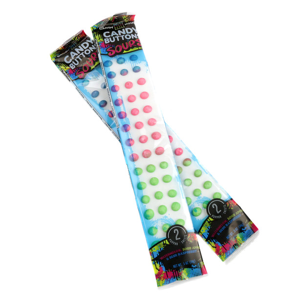 Sour Candy Button Box, 24 individually wrapped bags, watermelon, blue raspberry, sour apple colors on paper.