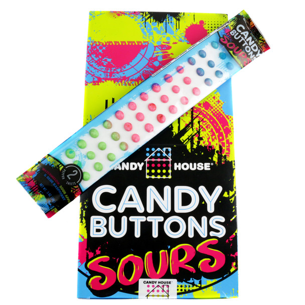 Sour Candy Button Box, 24 individually wrapped bags, rainbow-colored, watermelon, blue raspberry, sour apple flavors.
