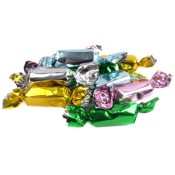 Pastel wrapped buttery caramels, 95/lb. Gold butter rum, silver chocolate, pink strawberry, blue vanilla, green apple flavors.
