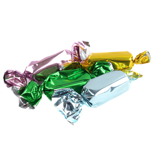 Pastel Buttery Caramels, approx. 95/lb. Green, pink, blue, gold, silver foils. Apple, strawberry, vanilla, butter rum, chocolate.