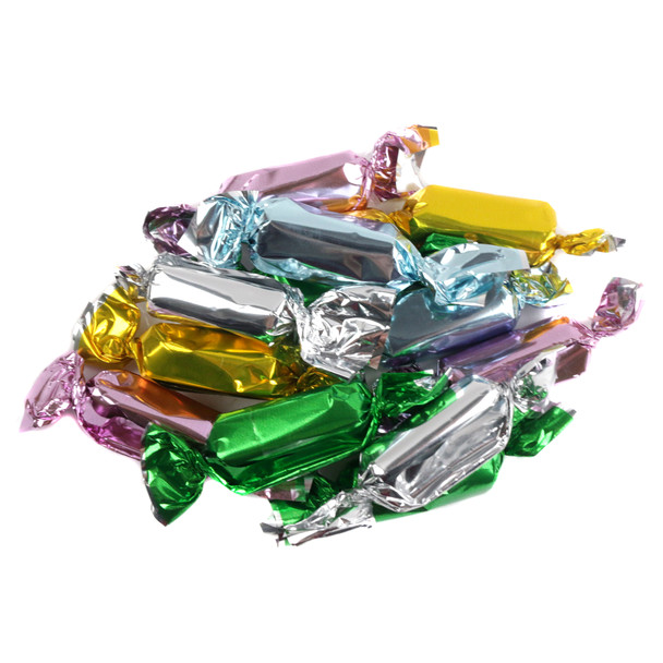 Pastel Wrapped Buttery Caramels, 95/lb, lime green apple, pink strawberry, blue vanilla, gold butter rum foil.
