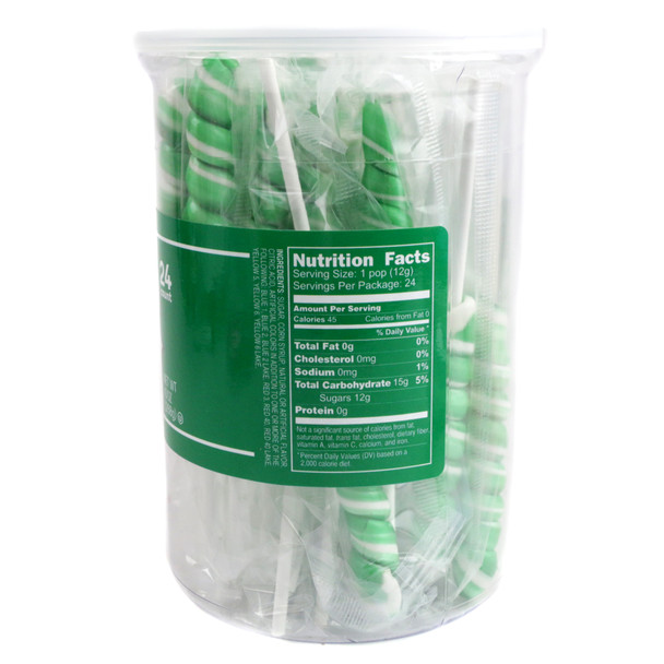 24 vibrant green mini unicorn lollipops, lime candy flavor, individually wrapped.