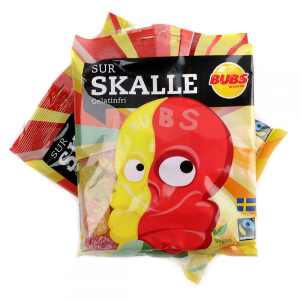 90g Bubs Sour Skulls, mini red & yellow sour raspberry citrus gummy skulls, Swedish vegan candy.