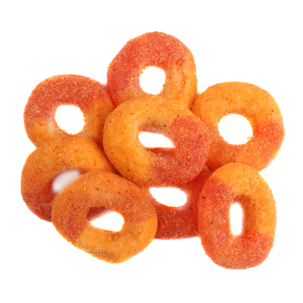 Spicy red Chamoy Watermelon Gummy Rings, coated in chili powder. Sweet Mexican candy, approximately 50 per pound.