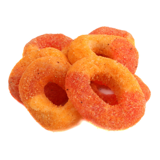 Chamoy watermelon gummy rings, red chamoy coated and chili powdered, sweet and spicy. Approx 50 rings per pound.