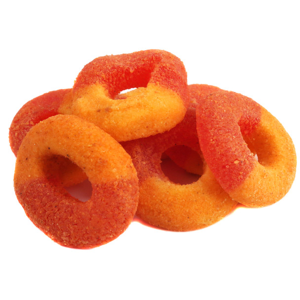 Vibrant orange Chamoy Peach Gummy Rings, sweet and spicy Mexican candy, approx. 50 pieces per pound.
