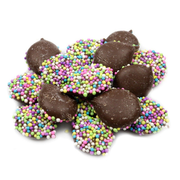 Ashers Easter creamy milk chocolate nonpareils, covered in pastel nonpareils.