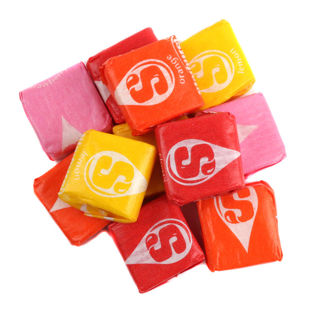 Rainbow Starburst Fruit Chews, small square candies, individually wrapped, approx 90 per pound, strawberry, cherry, orange, lemon.