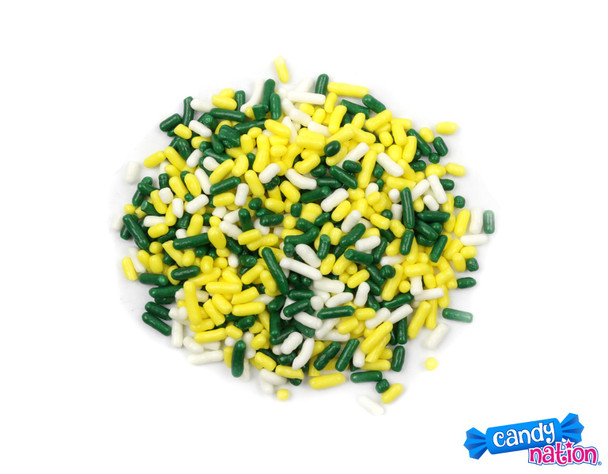 St. Patrick's Day sprinkle mix, vibrant green and yellow, for festive cupcakes, cookies, and baked goods.