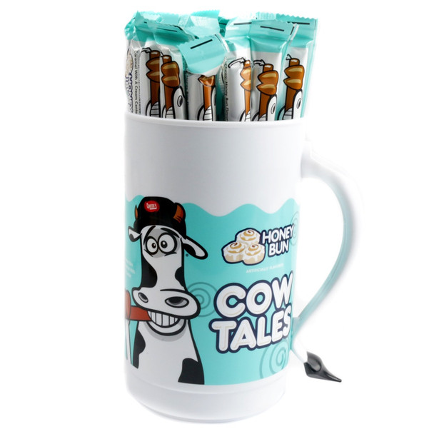 100 Honey Bun Cow Tales, individually wrapped caramel, vanilla, cinnamon chews, with collector tumbler.