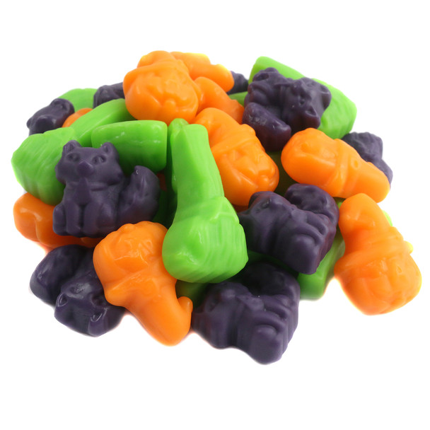 Albanese Spooktacular Halloween Gummies, purple cats, green broomsticks, orange pumpkins. Assorted fruity, approx 85 per pound.