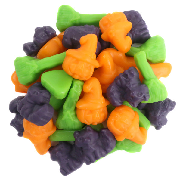 Albanese Spooktacular Halloween Gummies, assorted fruity flavors. Purple cats, green broomsticks, orange pumpkins. Approx 85 per lb.