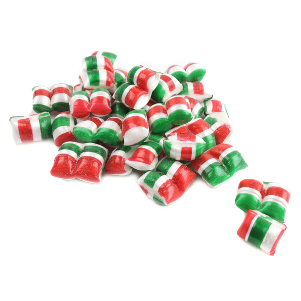 Christmas Peppermint Maiden Kisses, red, white, & green bite-sized hard candy. Approx 450 pieces per pound.