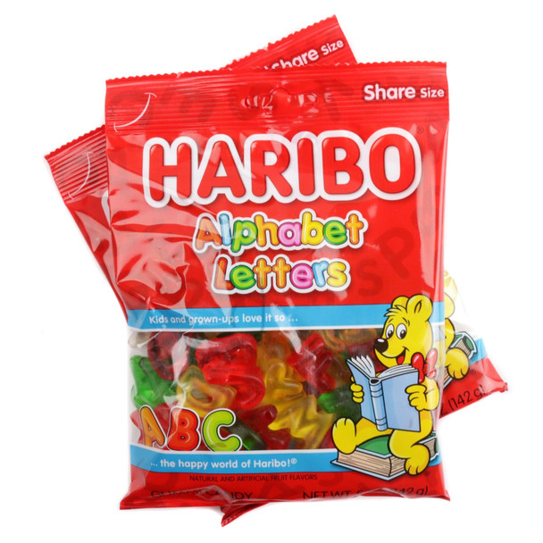 Haribo Gummy Alphabet Letters, 5oz bag, vibrant rainbow colors, assorted fruit flavors, playful letter shapes.