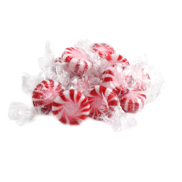 Sugar-free peppermint Starlight mints, individually wrapped with red stripes, approximately 90 candies per pound.