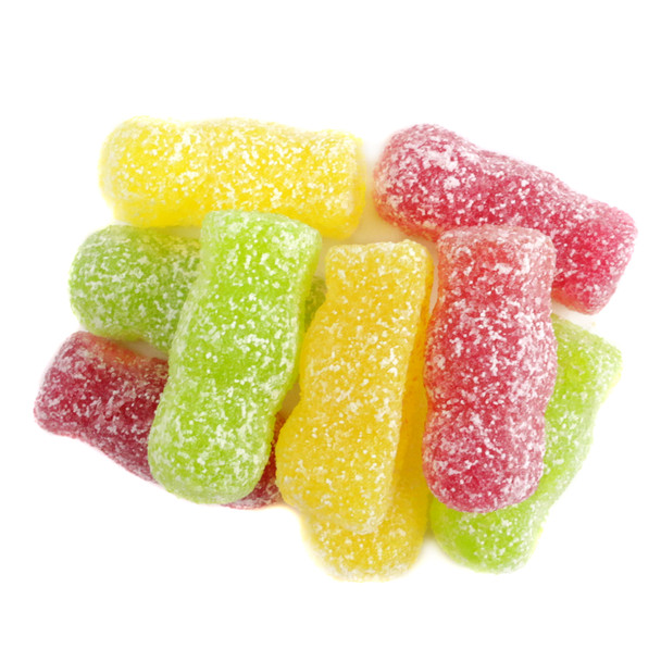 Gustaf's Sour Jelly Babies, colorful assortment of green, yellow, orange, pink gummi candy, approx 70 per pound.