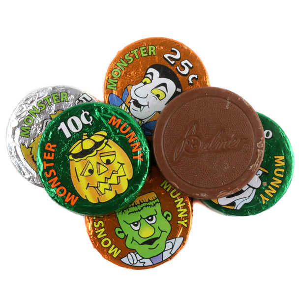 Palmer Double Crisp Monster Munny, bulk chocolate crisp discs, approx 55 per pound. Vibrant metallic foils feature Halloween witches, monsters, Dracula, pumpkins.