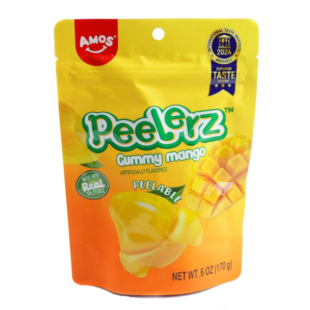 Peelerz Mango Candy, 6oz bag. Bright yellow, peelable mango gummy candy pieces.