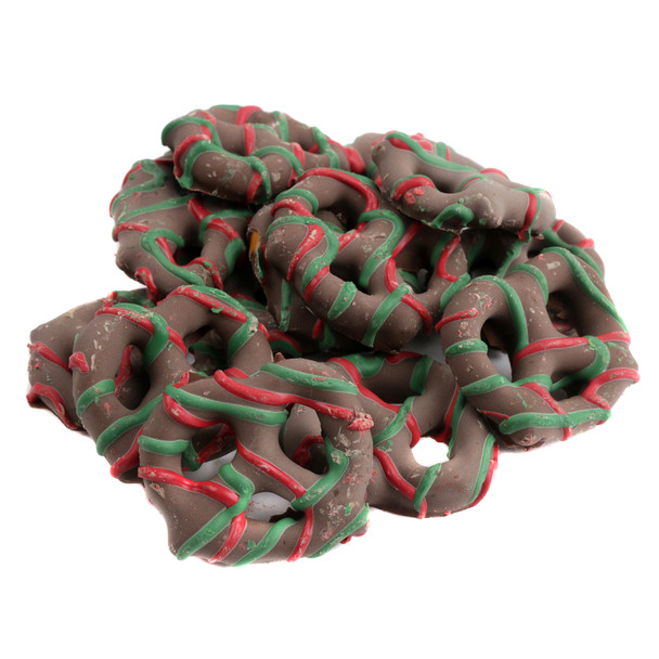 Festive mini milk chocolate pretzels, red and green drizzle. Sweet, salty, crisp Christmas holiday candy.