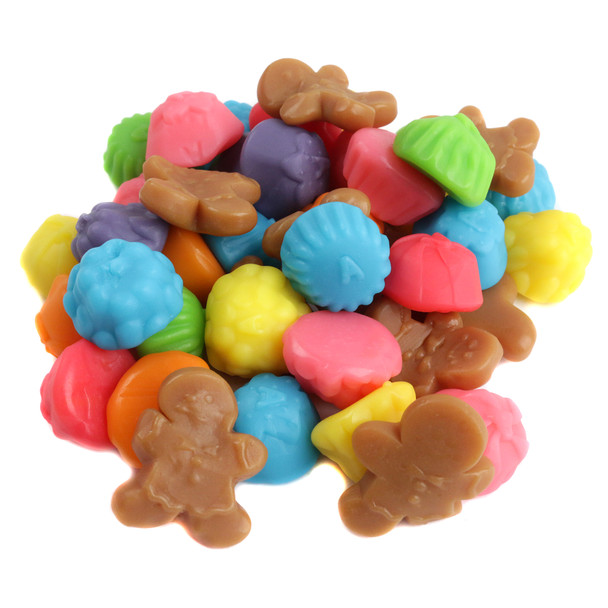 Colorful Gingerbread Gummy Mix. Gingerbread men and gumdrop shapes in blue, grape, lemon, orange, strawberry, cherry, green apple.