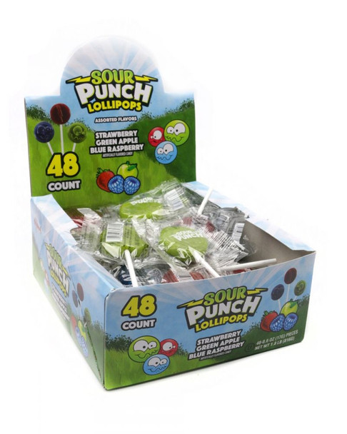 Sour Punch Lollipops, 48-count box. Green apple, blue raspberry, strawberry flavors, individually wrapped.