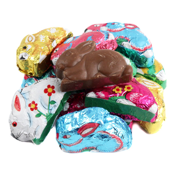 image of milk chocolate bunnies sitting bulk chocolates foil wrapped easter candy