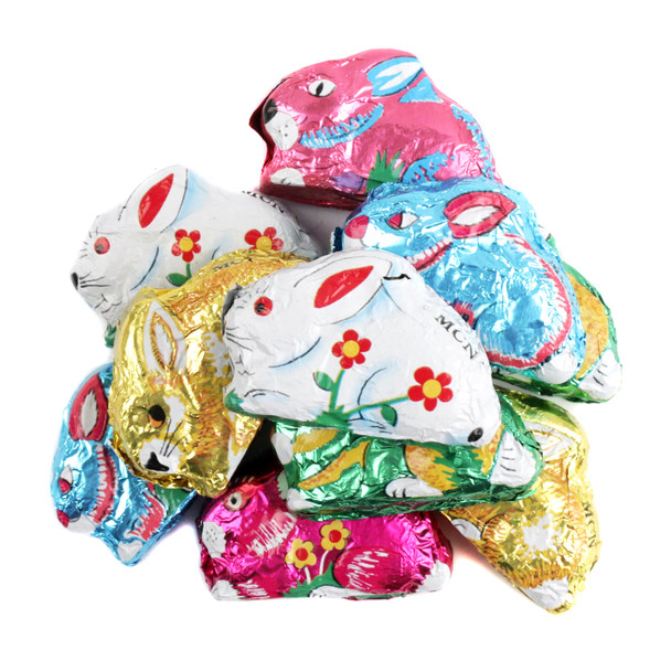 Milk chocolate bunnies, sitting, bite-sized, individually wrapped in bright multi-colored Italian foil, approx 50/lb.