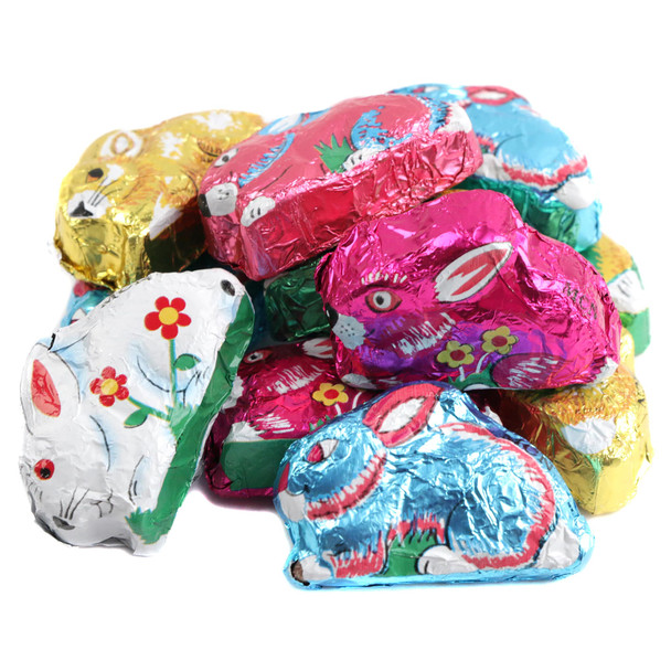 Premium milk chocolate sitting bunnies wrapped in bright Italian foil, bite-sized, approx 50 per pound for Easter.