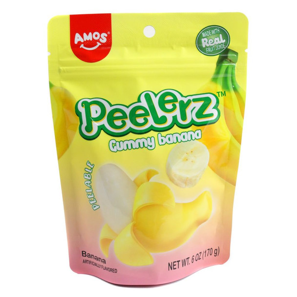 Yellow, peelable gummy banana candies in a 6oz bag. Amos Sweets Peelerz banana candy.