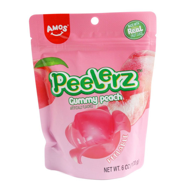 AMOS Peelerz Peach Candy, 6oz bag, vibrant pink, peelable gummy, sweet and juicy ripe peach flavor.