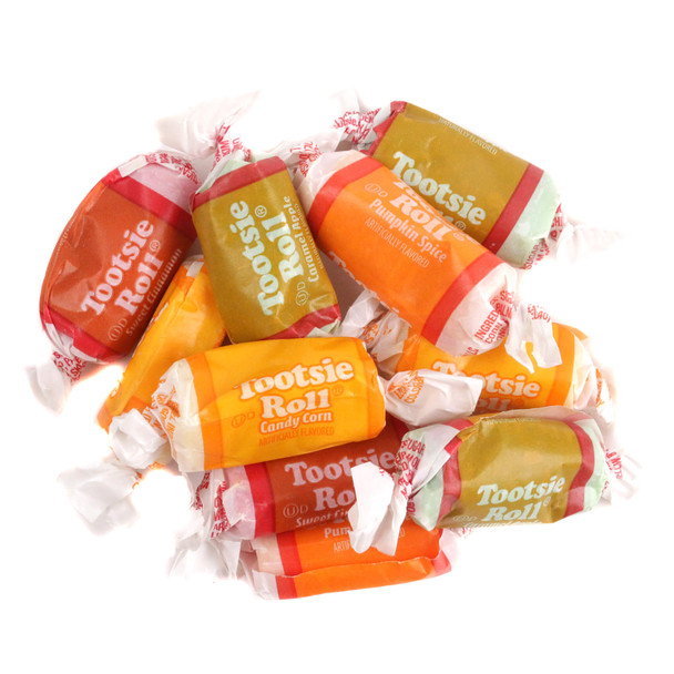 Tootsie Rolls Harvest Chews, approx 68 brown, orange, yellow, red chewy candies, individually wrapped.