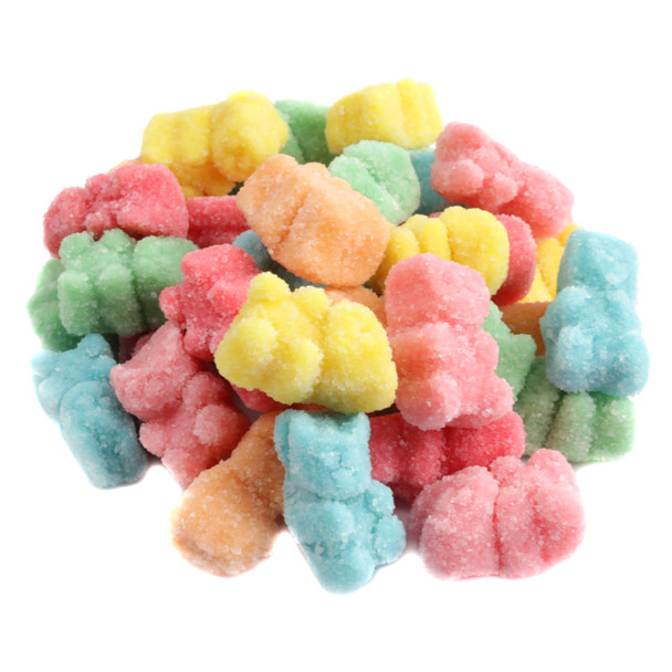 Neon Sugar Sanded Gummy Bears, brightly colored, assorted fruity flavors, sweet coating, approximately 145 per pound.