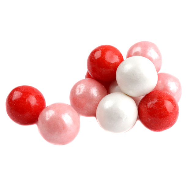 Assorted red, white, pink 1-inch Valentine's Day gumballs, approx 60 per pound.